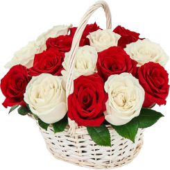 Basket of white and red roses 