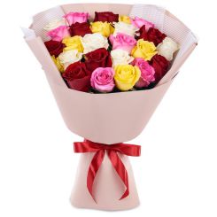 25 multicolored roses in the bouquet 